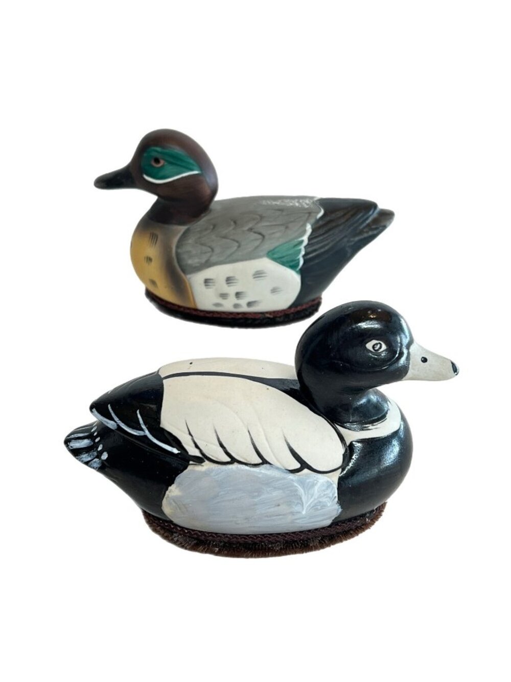 Two Vintage Ceramic Porcelain Mallard Duck Figurine Lint Remover Jasco 5 1/2”
